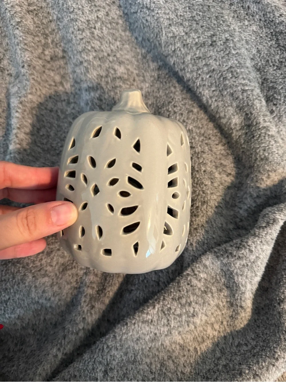 Ceramic Pumpkin Lantern in Neutral White — Decorative Cutout Accent